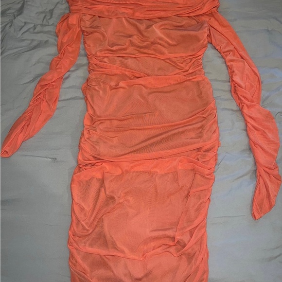 Women's One Shoulder Sleeveless Mesh Ruched Midi Bodycon Dress - Picture 2 of 2